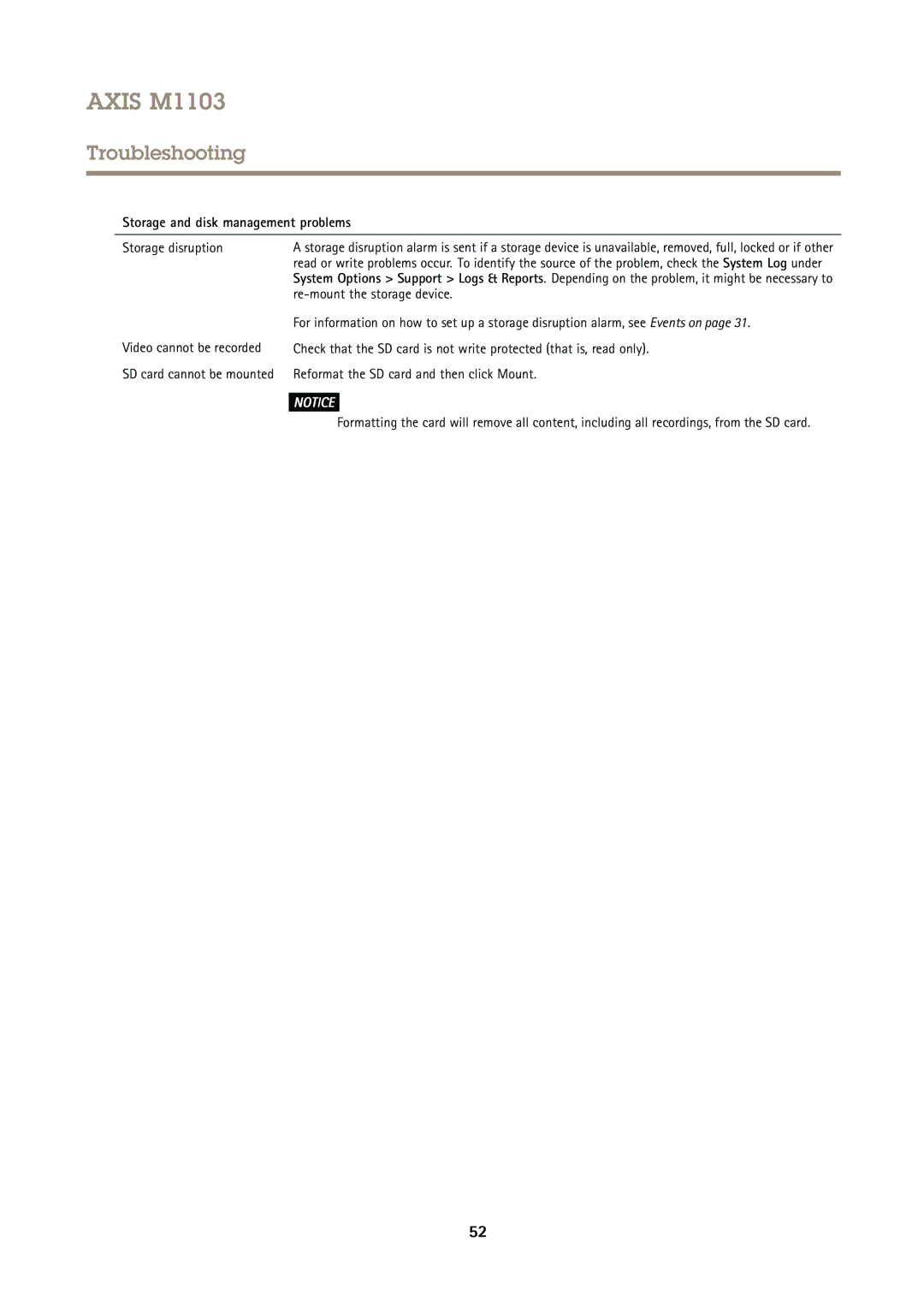 Axis Communications M1103 user manual Storage and disk management problems, Storage disruption, Re-mount the storage device 