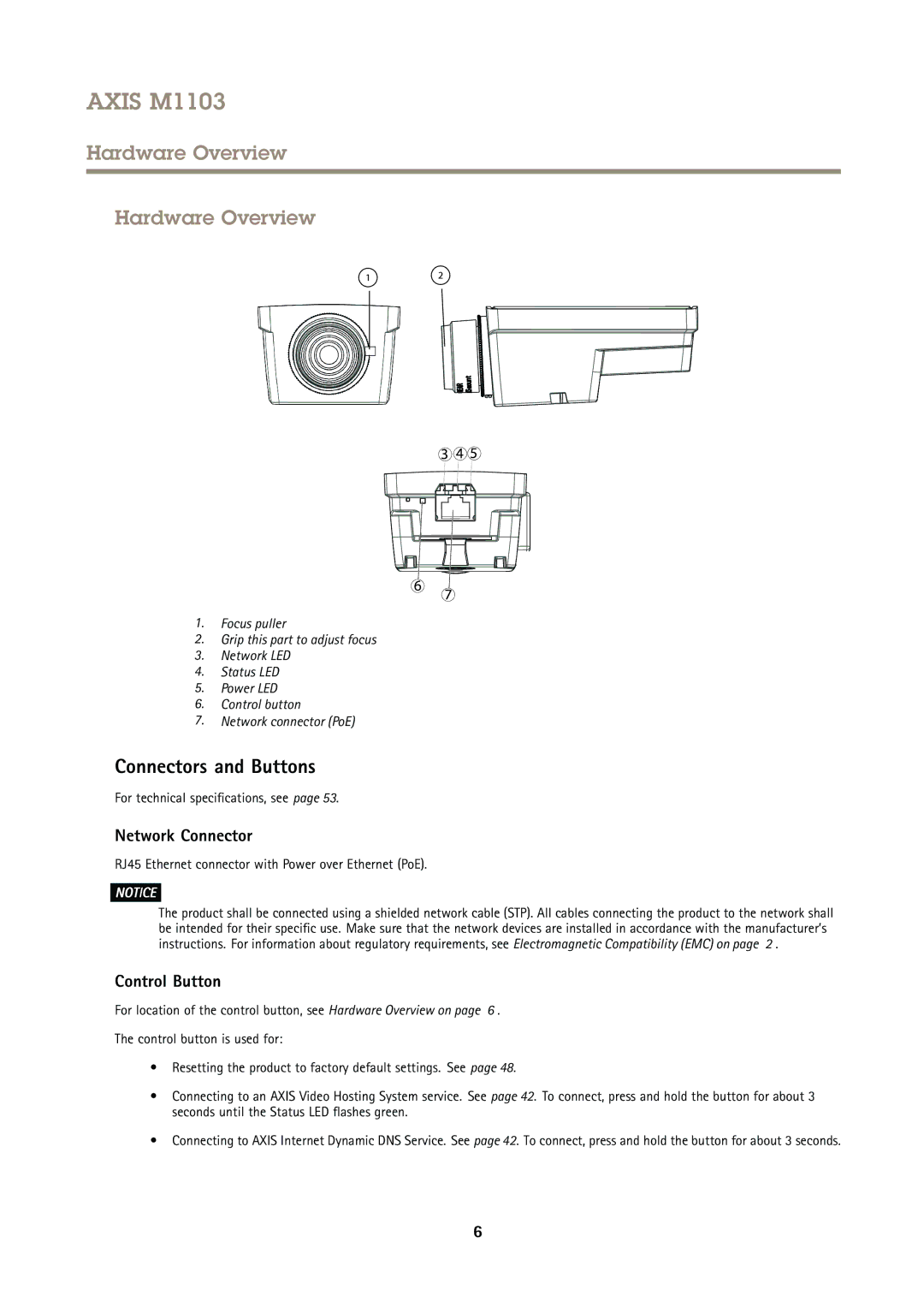 Axis Communications M1103 user manual Hardware Overview, Connectors and Buttons, Network Connector, Control Button 