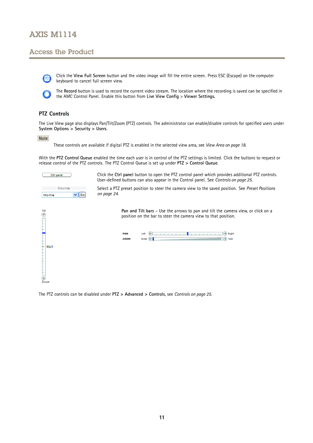 Axis Communications M1114 user manual PTZ Controls 