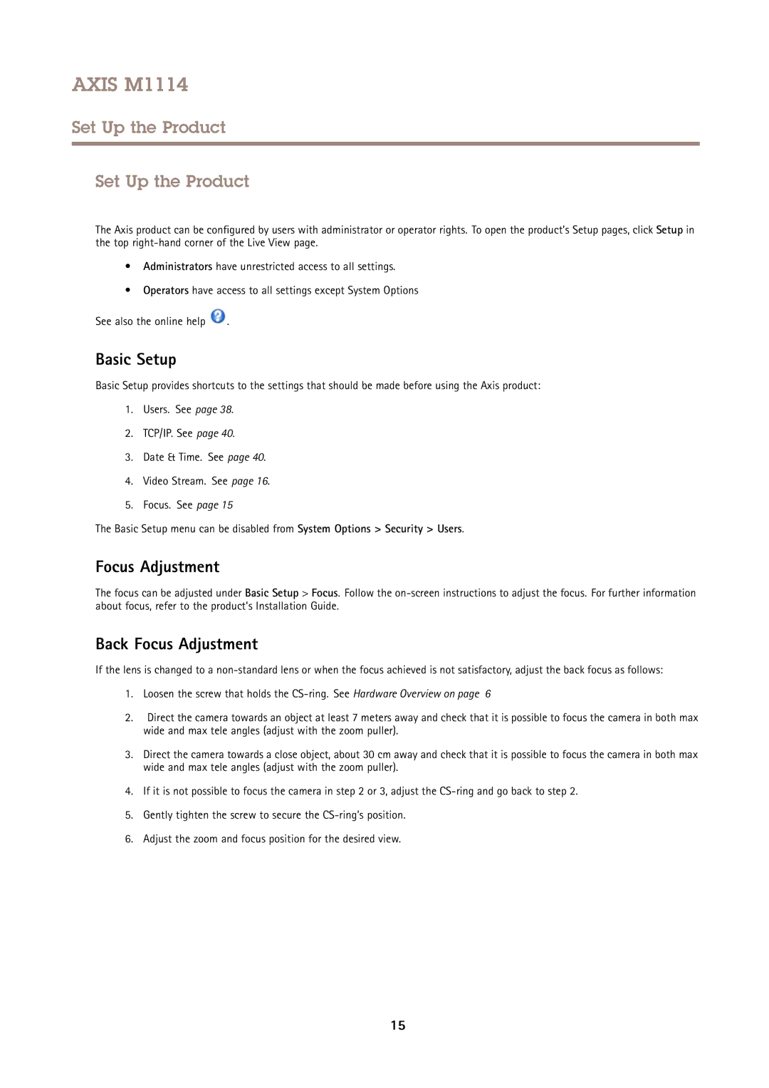 Axis Communications M1114 user manual Set Up the Product, Basic Setup, Back Focus Adjustment 