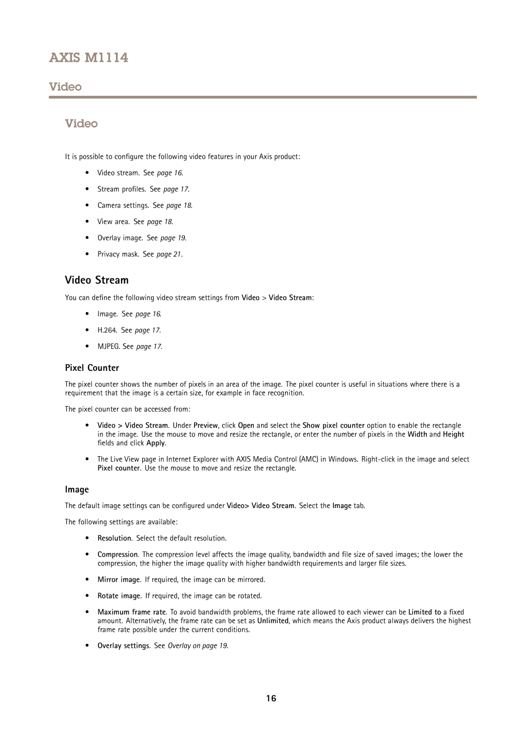 Axis Communications M1114 user manual Video Stream, Pixel Counter, Image 