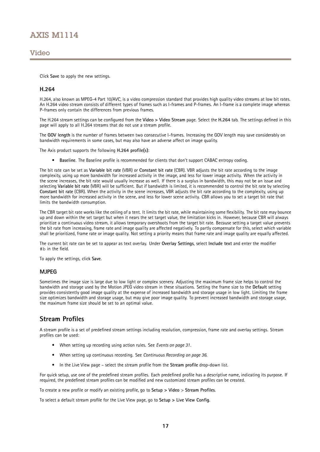 Axis Communications M1114 user manual Stream Profiles, 264, Click Save to apply the new settings 