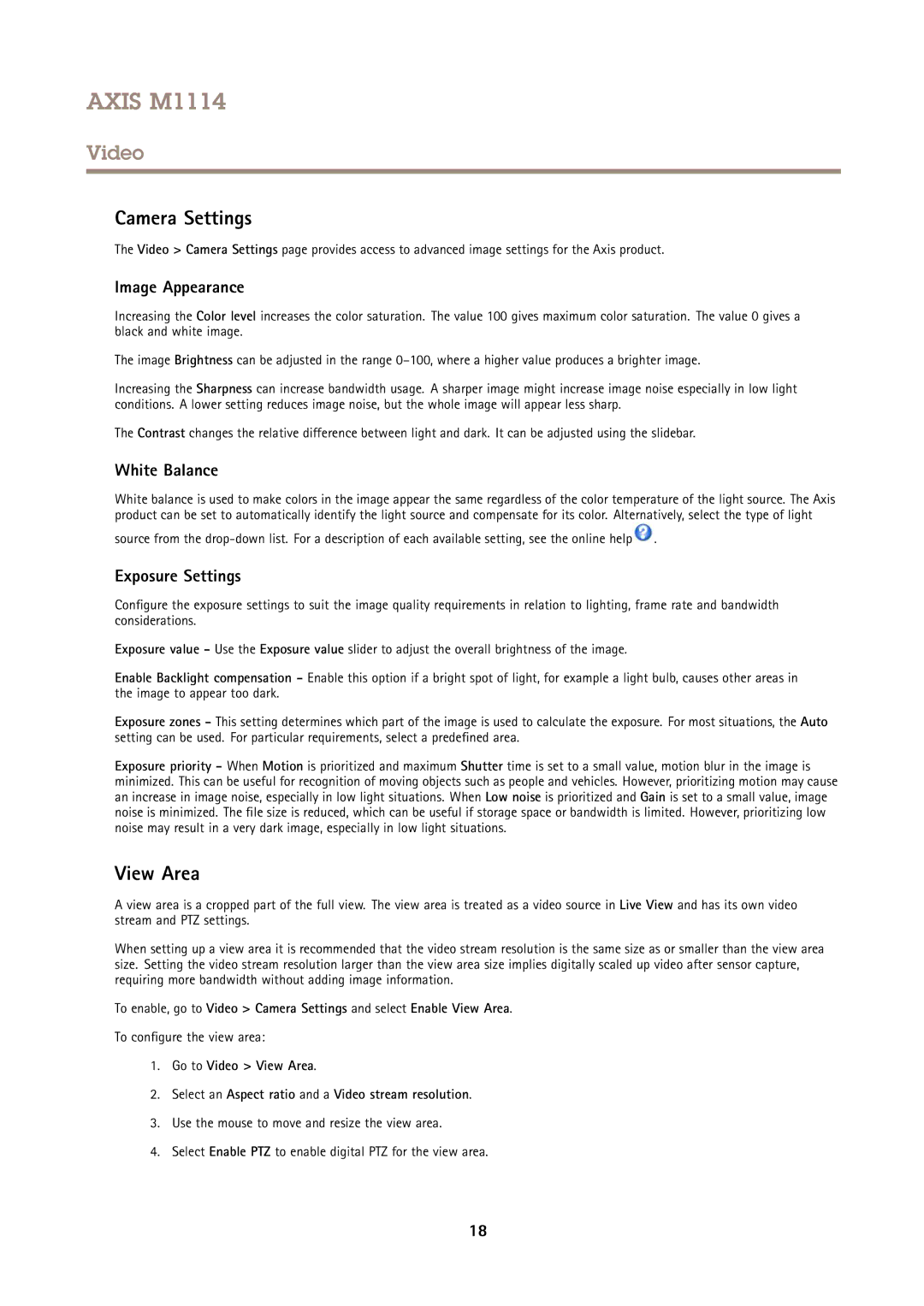 Axis Communications M1114 user manual Camera Settings, View Area, Image Appearance, White Balance, Exposure Settings 