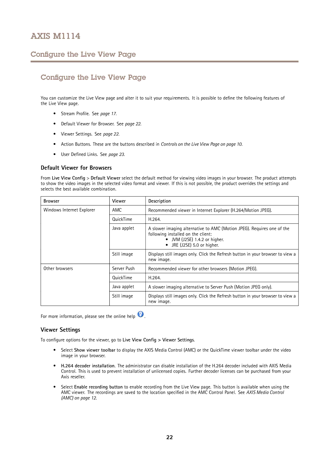 Axis Communications M1114 user manual Configure the Live View, Default Viewer for Browsers, Viewer Settings 