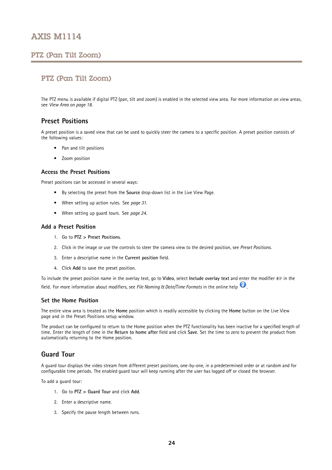 Axis Communications M1114 user manual PTZ Pan Tilt Zoom, Preset Positions, Guard Tour 