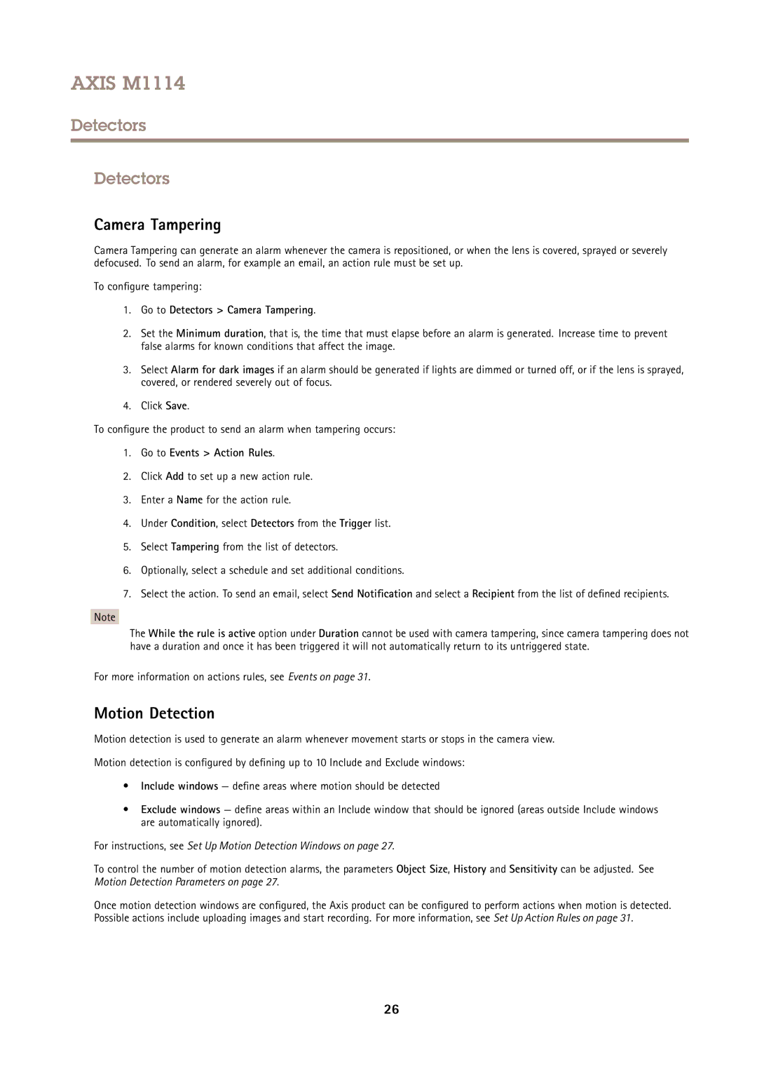 Axis Communications M1114 user manual Motion Detection, Go to Detectors Camera Tampering 