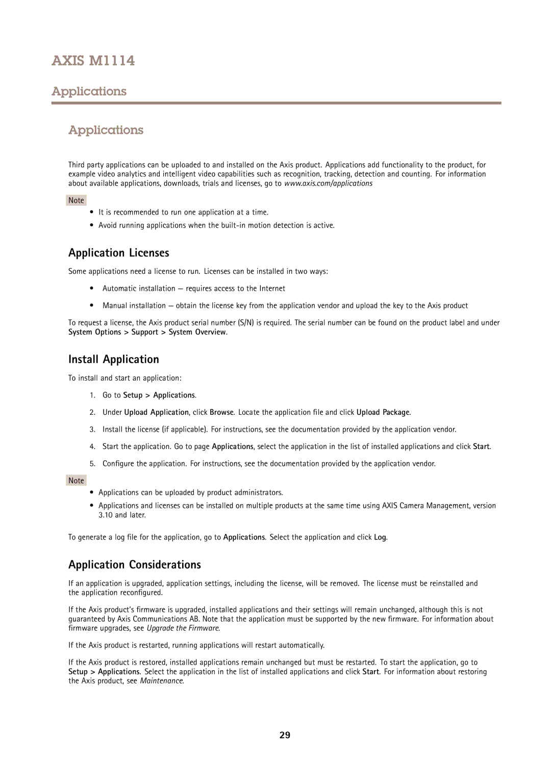 Axis Communications M1114 user manual Applications, Application Licenses, Install Application, Application Considerations 