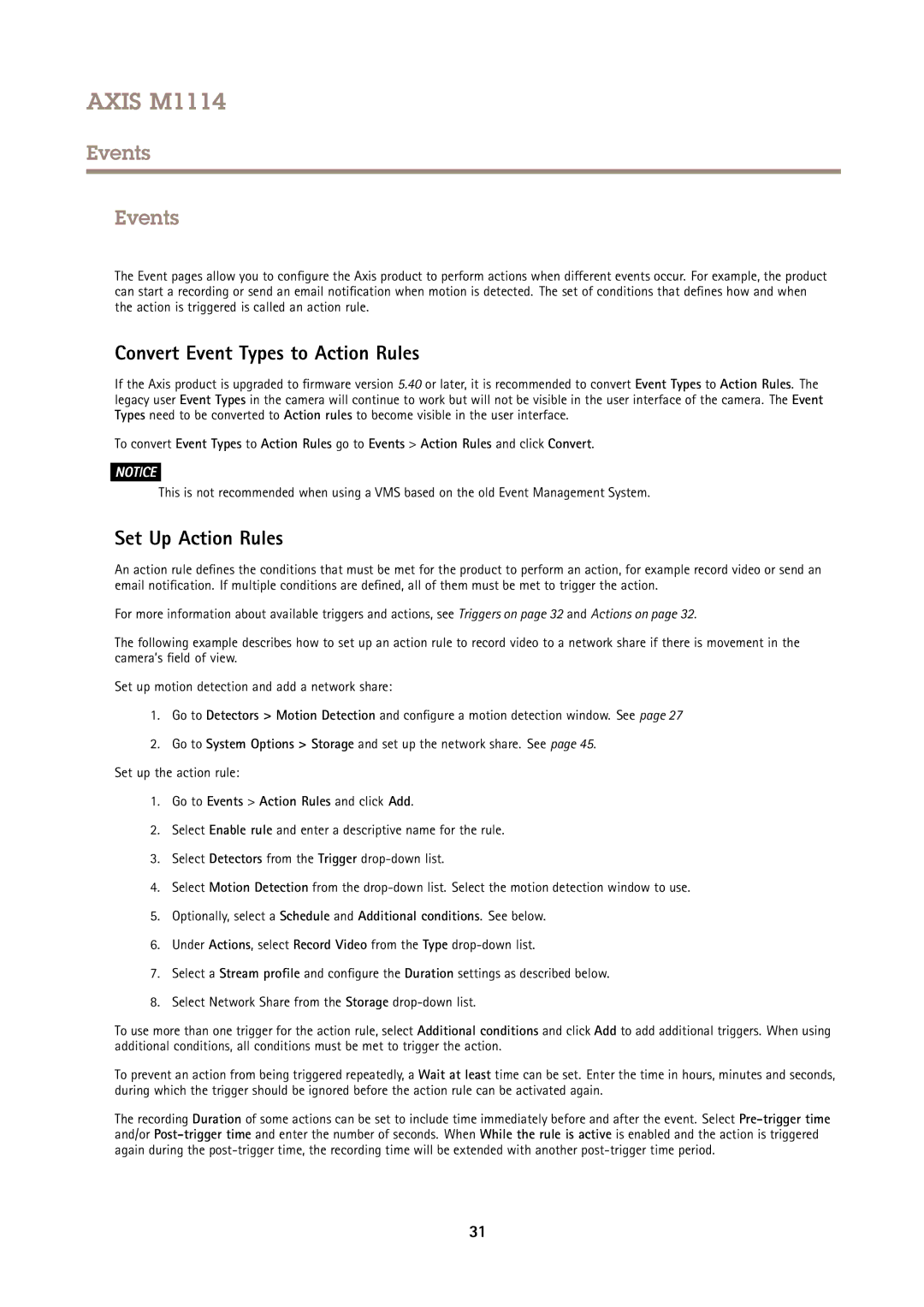 Axis Communications M1114 user manual Events, Convert Event Types to Action Rules, Set Up Action Rules 