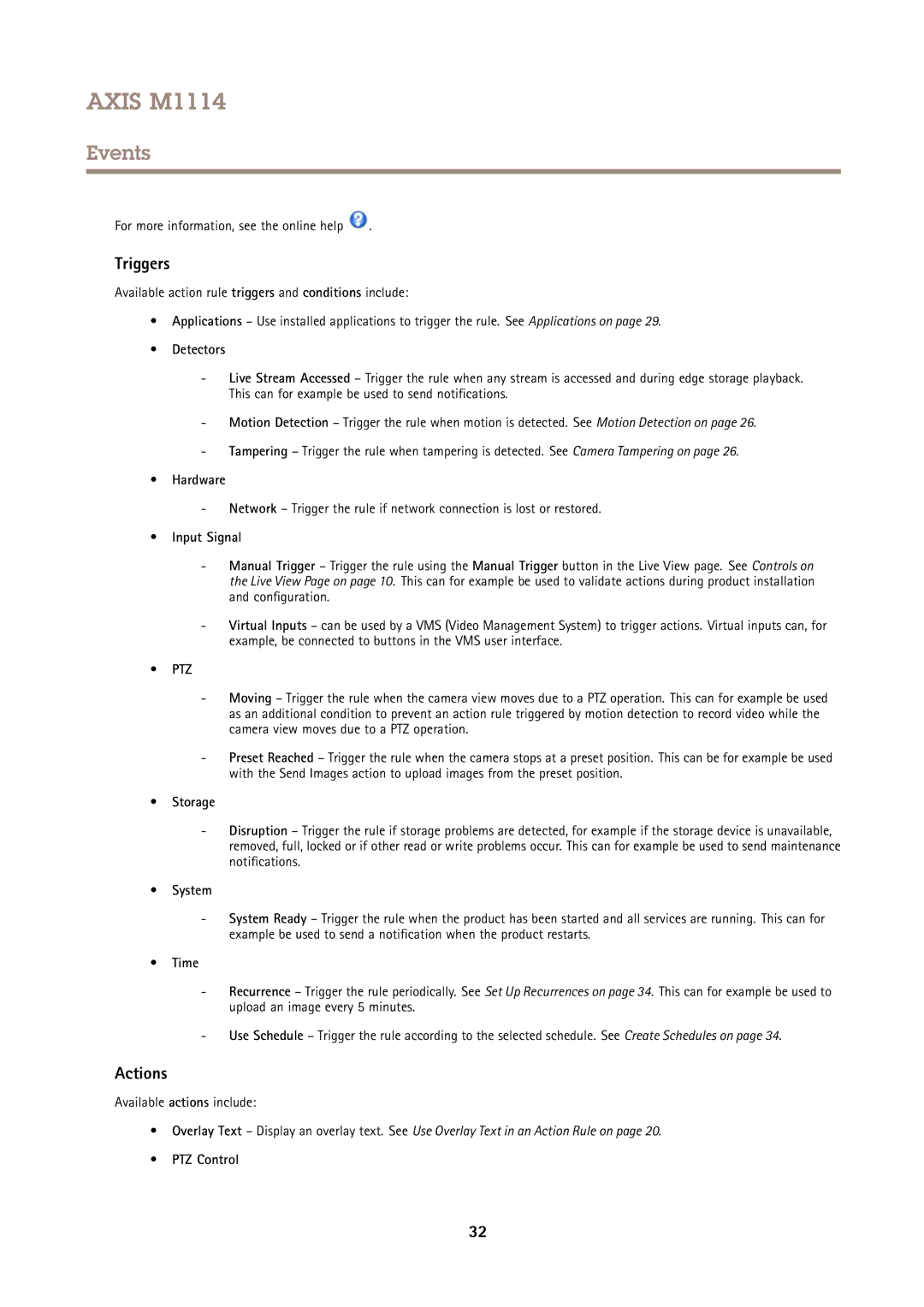 Axis Communications M1114 user manual Triggers, Actions 