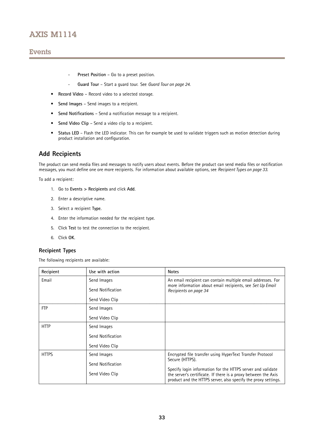 Axis Communications M1114 user manual Add Recipients, Recipient Types, Go to Events Recipients and click Add 