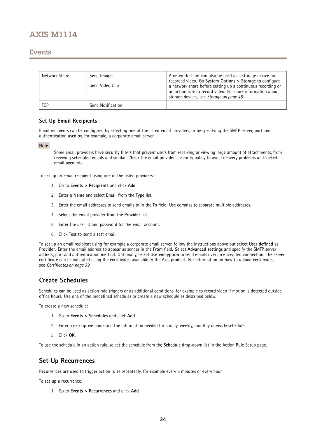 Axis Communications M1114 user manual Create Schedules, Set Up Recurrences, Set Up Email Recipients 