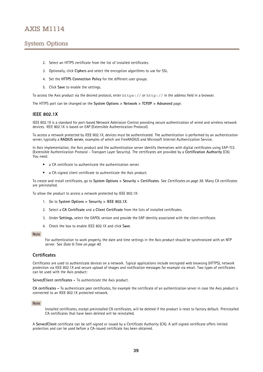 Axis Communications M1114 user manual Certificates, Go to System Options Security Ieee 