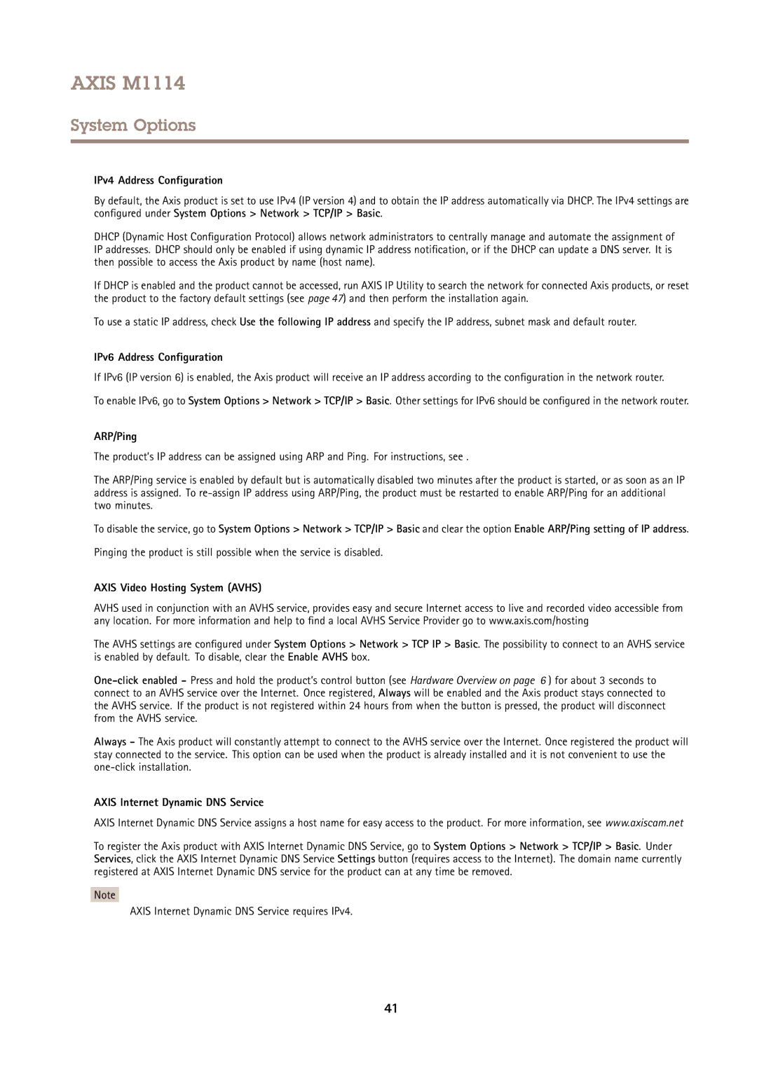 Axis Communications M1114 IPv4 Address Configuration, IPv6 Address Configuration, ARP/Ping, Axis Video Hosting System Avhs 