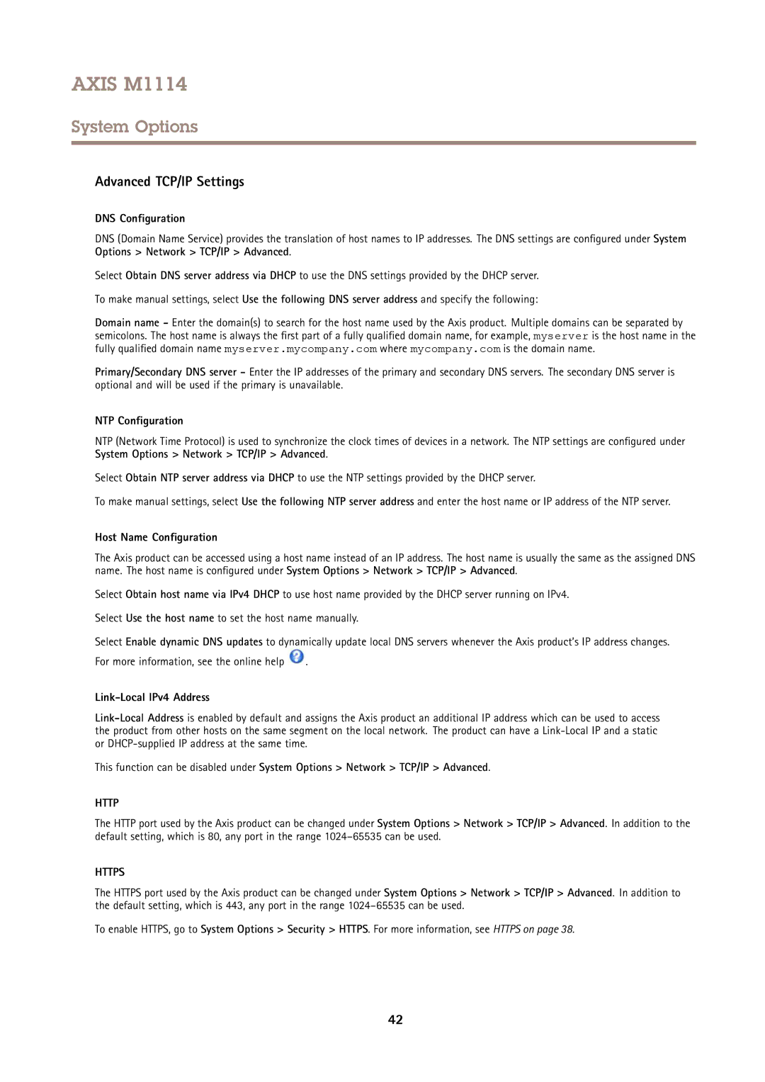 Axis Communications M1114 Advanced TCP/IP Settings, DNS Configuration, NTP Configuration, Host Name Configuration 