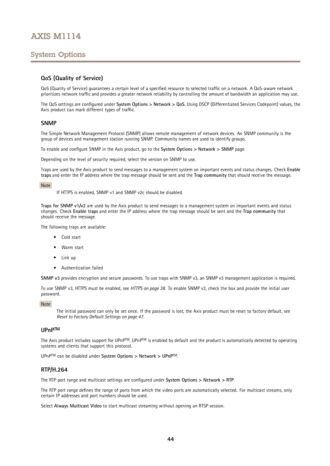 Axis Communications M1114 user manual QoS Quality of Service, UPnPTM, RTP/H.264 