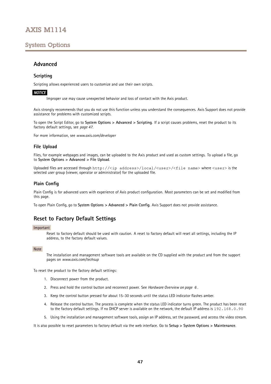 Axis Communications M1114 user manual Reset to Factory Default Settings, Scripting, File Upload, Plain Config 