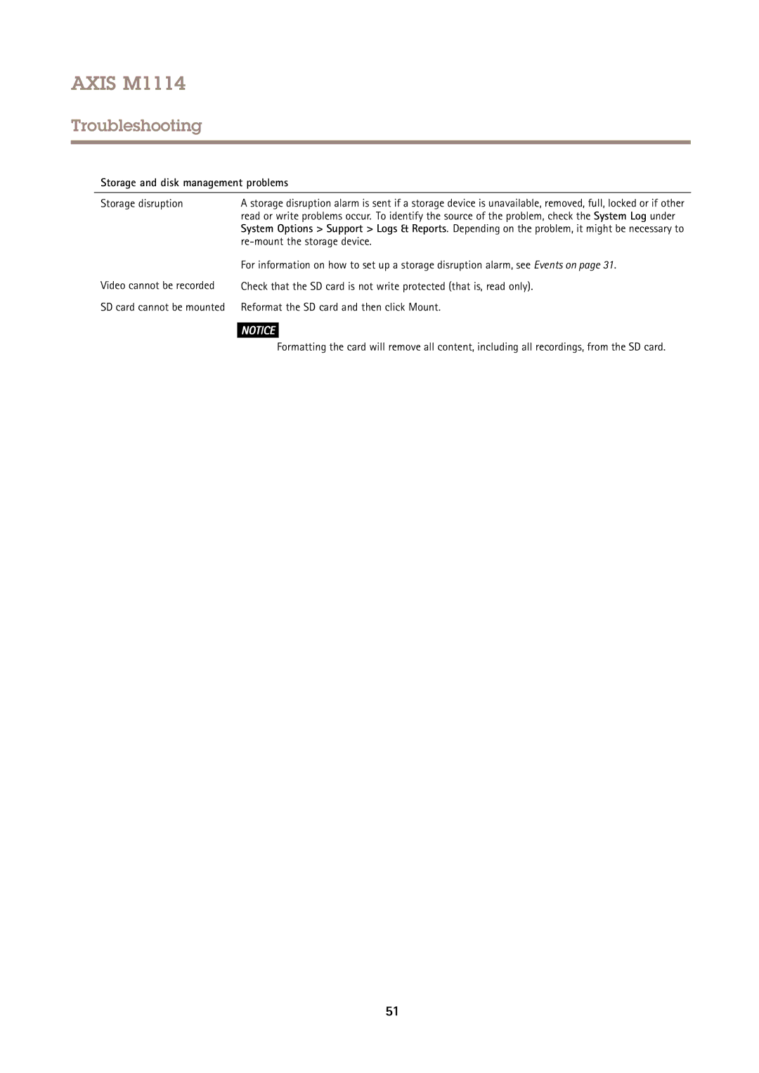 Axis Communications M1114 user manual Storage and disk management problems, Storage disruption, Re-mount the storage device 