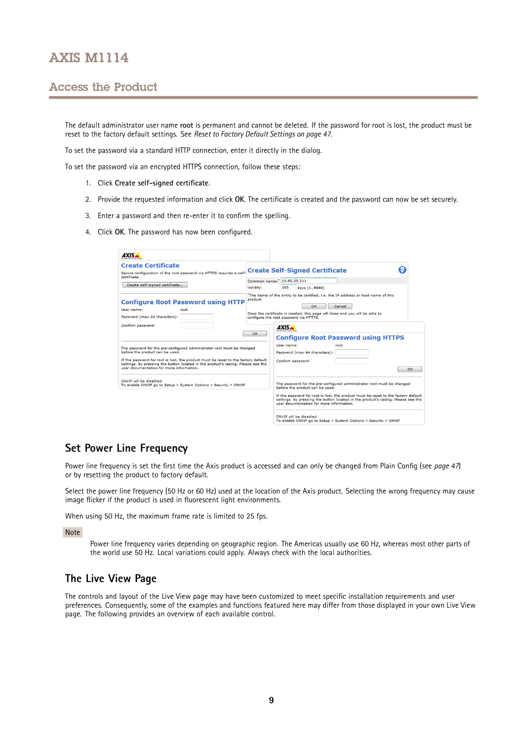 Axis Communications M1114 user manual Set Power Line Frequency, Live View, Click Create self-signed certificate 