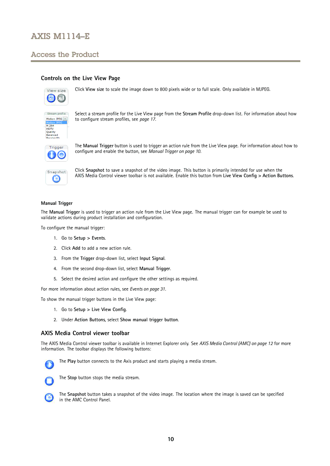 Axis Communications M1114E user manual Controls on the Live View, Axis Media Control viewer toolbar, Manual Trigger 