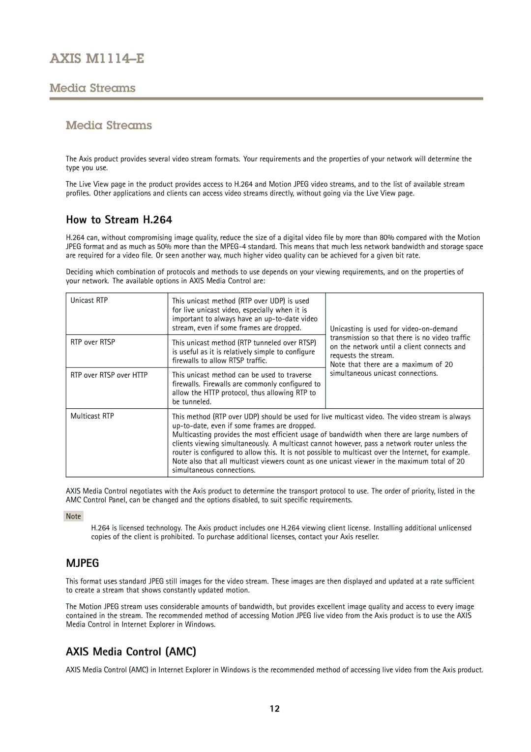 Axis Communications M1114E user manual Media Streams, How to Stream H.264, Axis Media Control AMC 