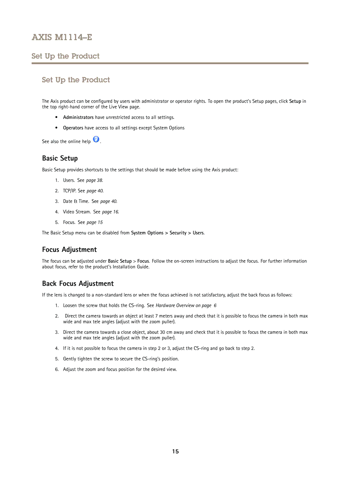 Axis Communications M1114E user manual Set Up the Product, Basic Setup, Back Focus Adjustment 