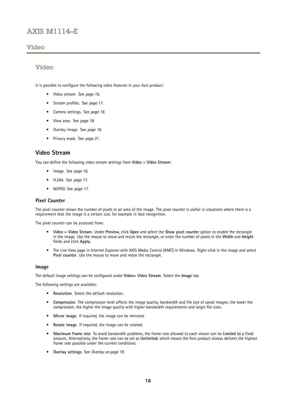 Axis Communications M1114E user manual Video Stream, Pixel Counter, Image 