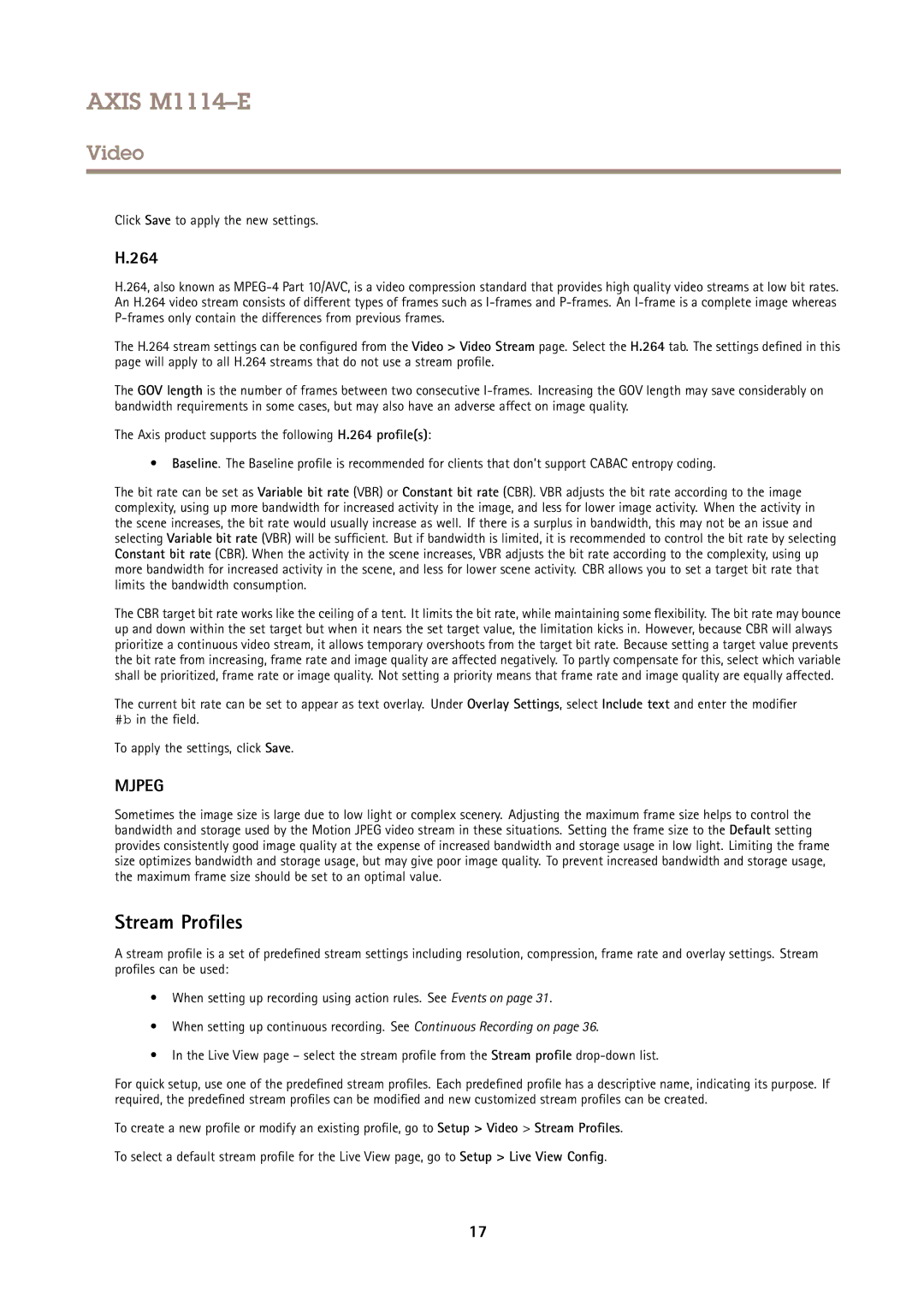 Axis Communications M1114E user manual Stream Profiles, 264, Click Save to apply the new settings 