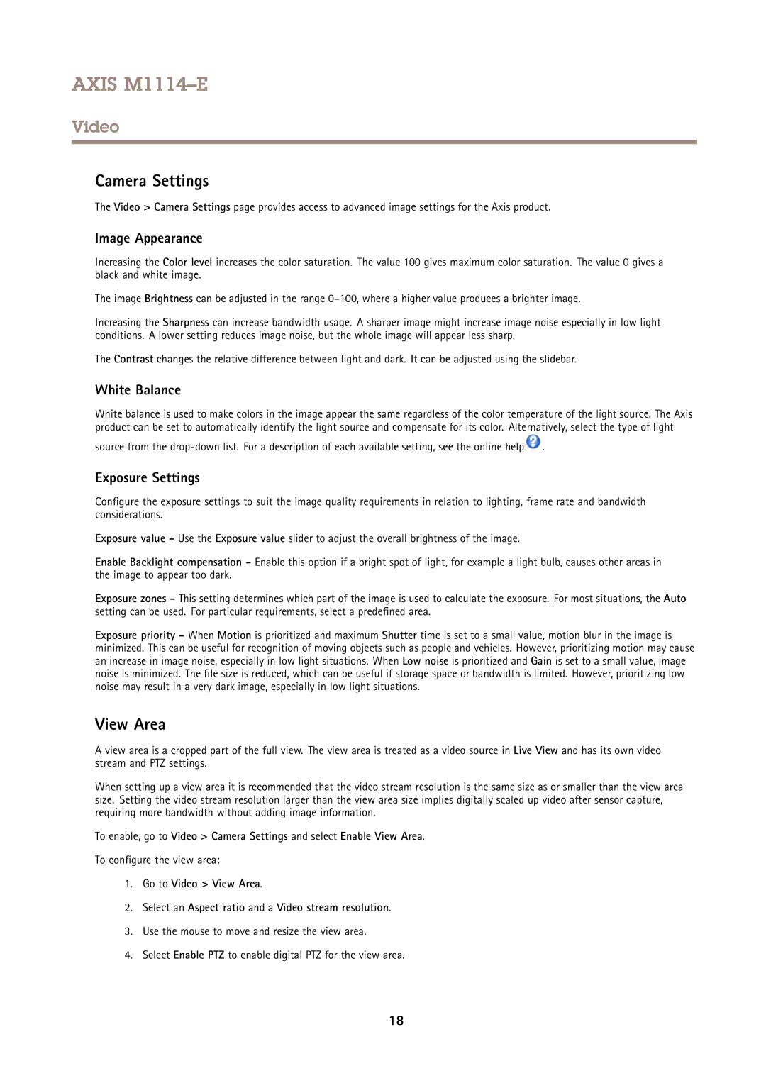 Axis Communications M1114E user manual Camera Settings, View Area, Image Appearance, White Balance, Exposure Settings 