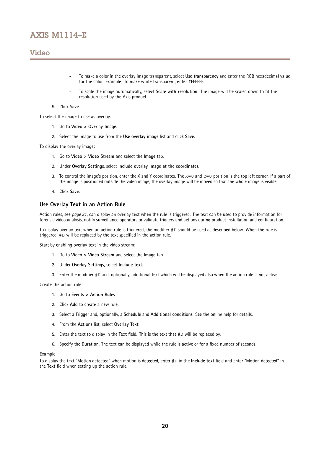 Axis Communications M1114E user manual Use Overlay Text in an Action Rule, Go to Events Action Rules 