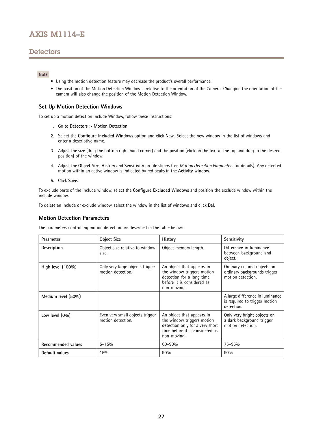 Axis Communications M1114E user manual Set Up Motion Detection Windows, Motion Detection Parameters 