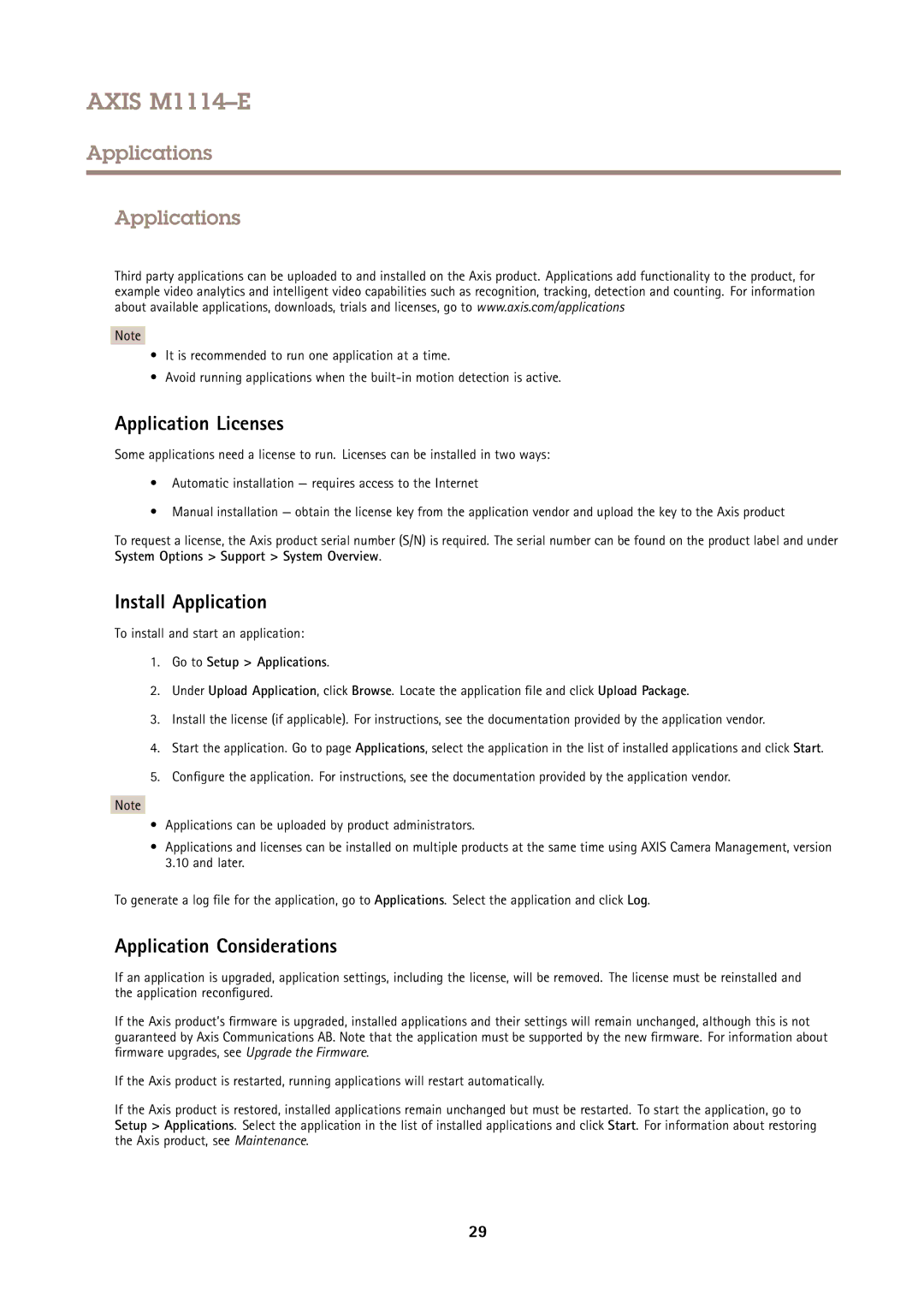 Axis Communications M1114E user manual Applications, Application Licenses, Install Application, Application Considerations 