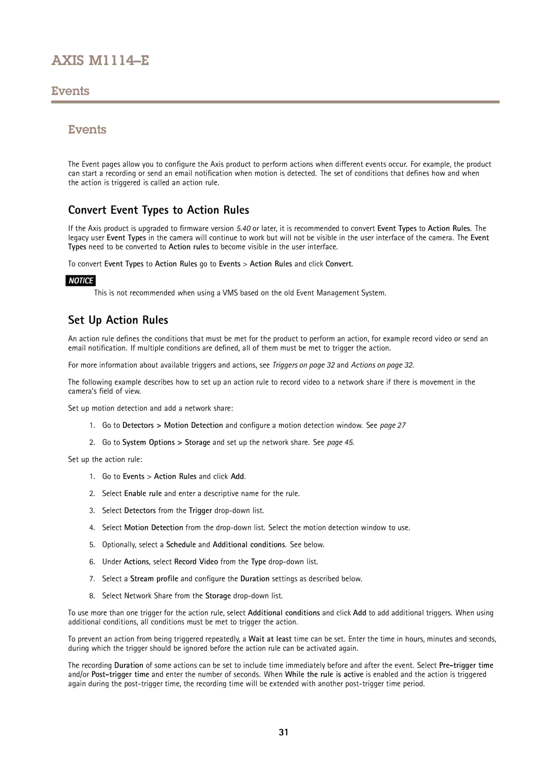 Axis Communications M1114E user manual Events, Convert Event Types to Action Rules, Set Up Action Rules 