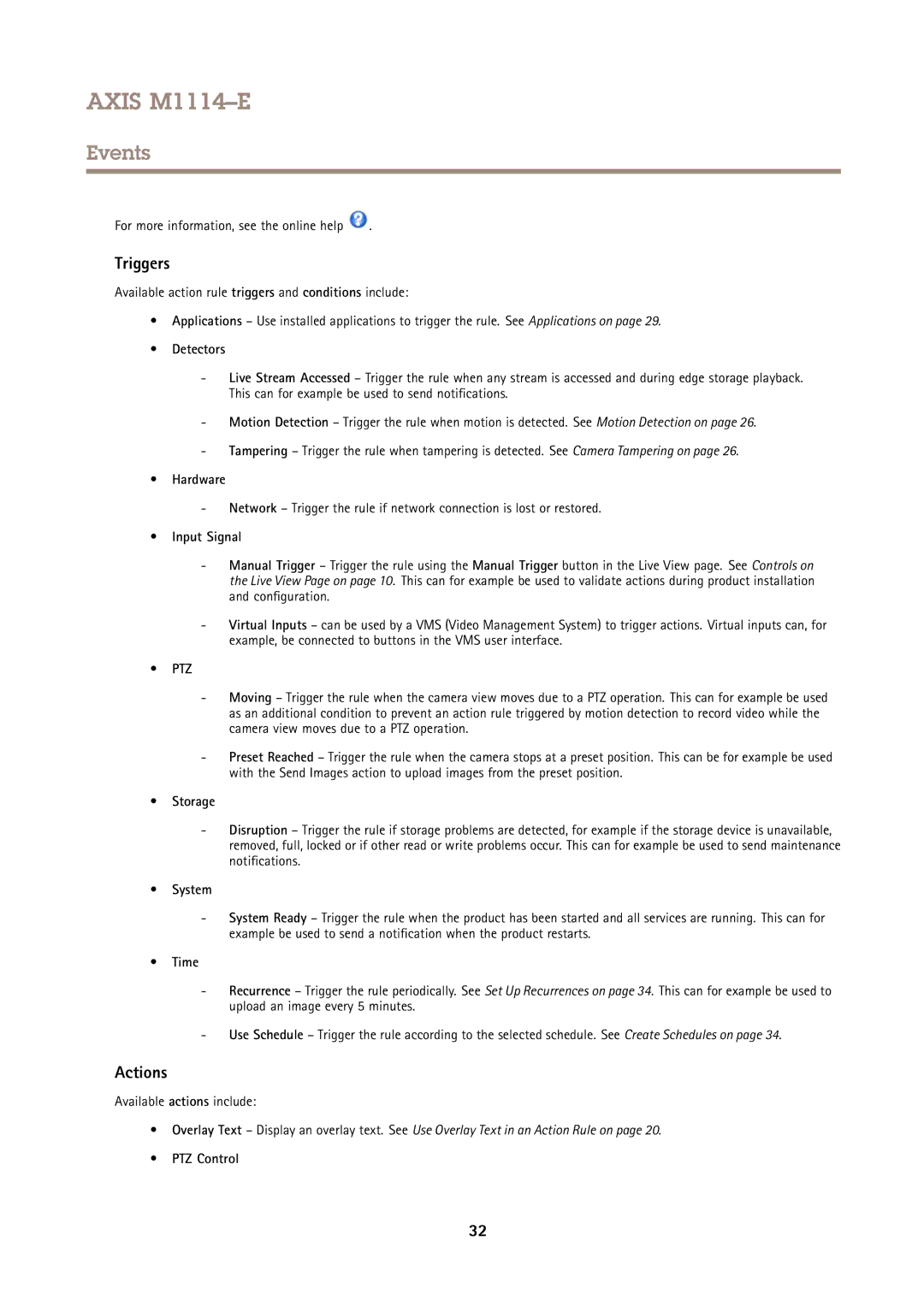 Axis Communications M1114E user manual Triggers, Actions 