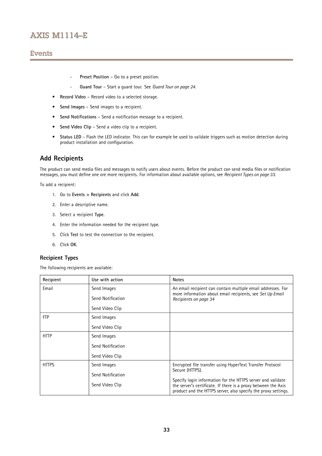 Axis Communications M1114E user manual Add Recipients, Recipient Types, Go to Events Recipients and click Add 