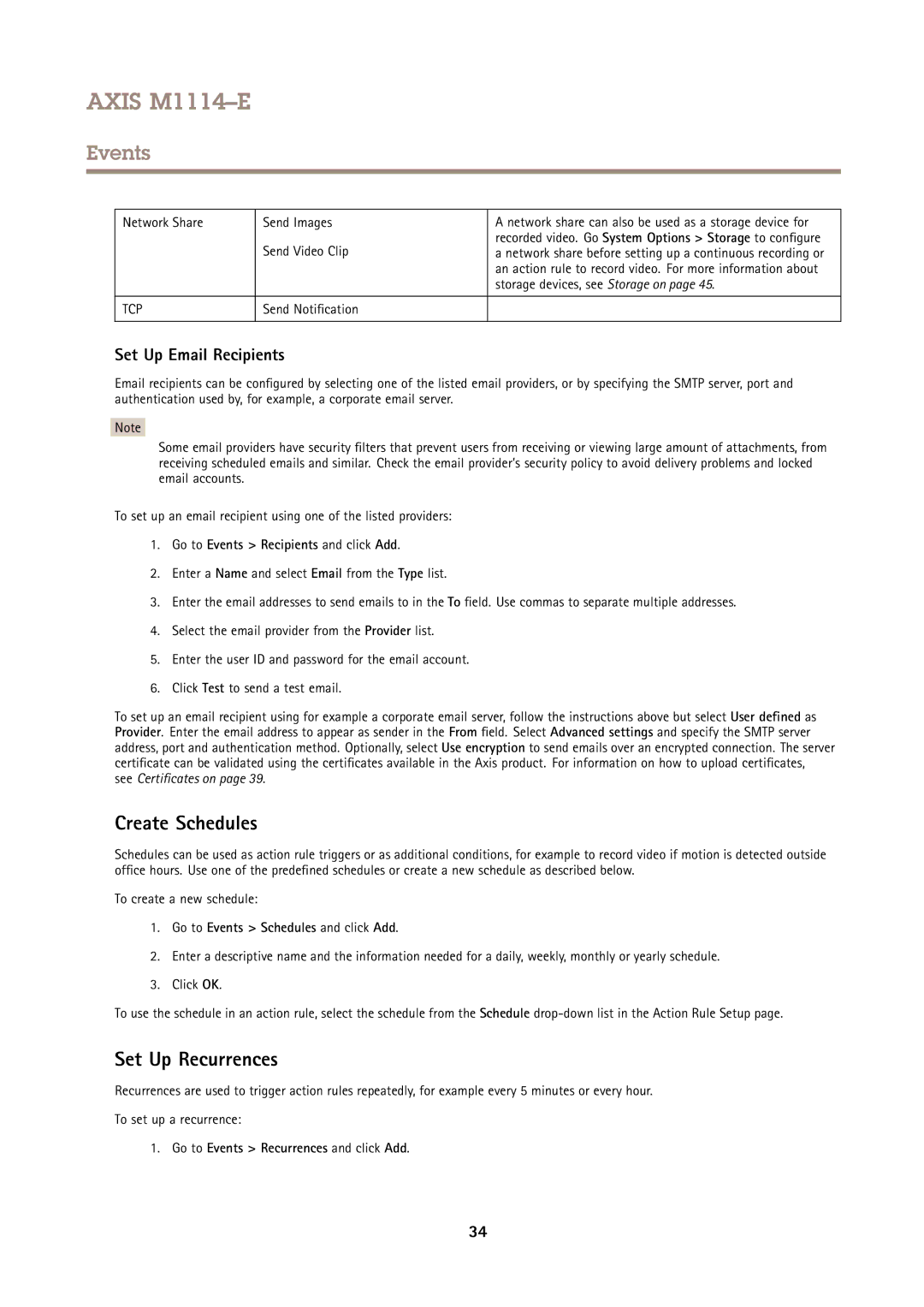 Axis Communications M1114E user manual Create Schedules, Set Up Recurrences, Set Up Email Recipients 