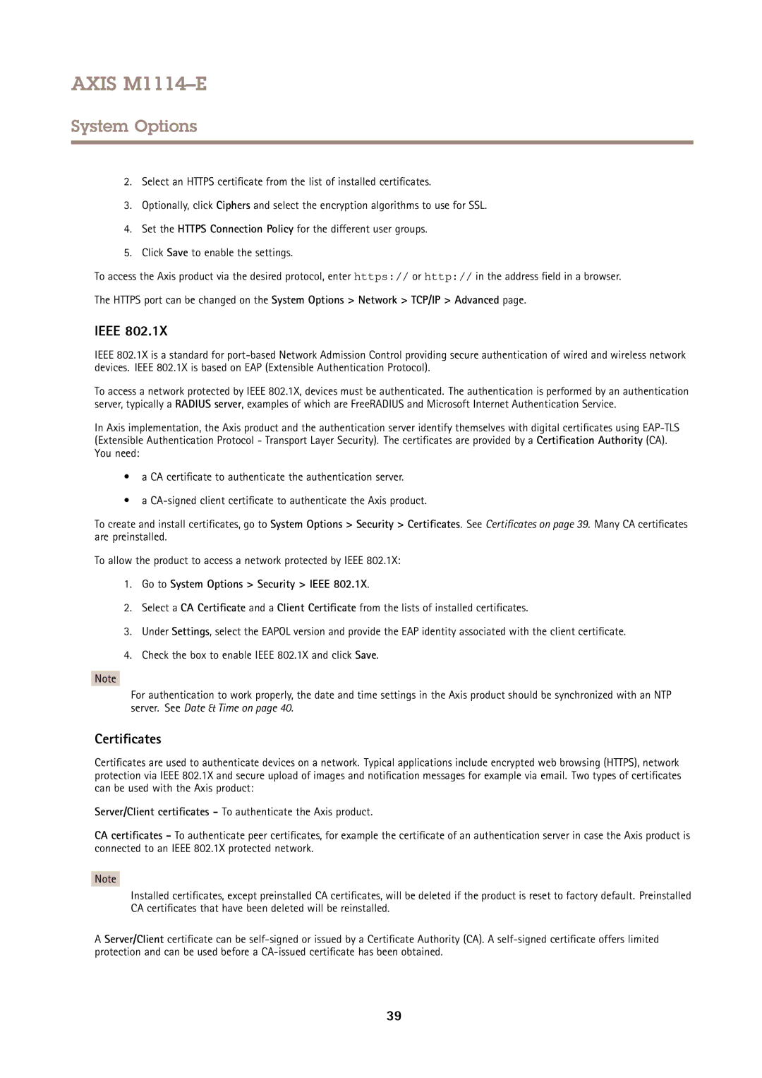 Axis Communications M1114E user manual Certificates, Go to System Options Security Ieee 