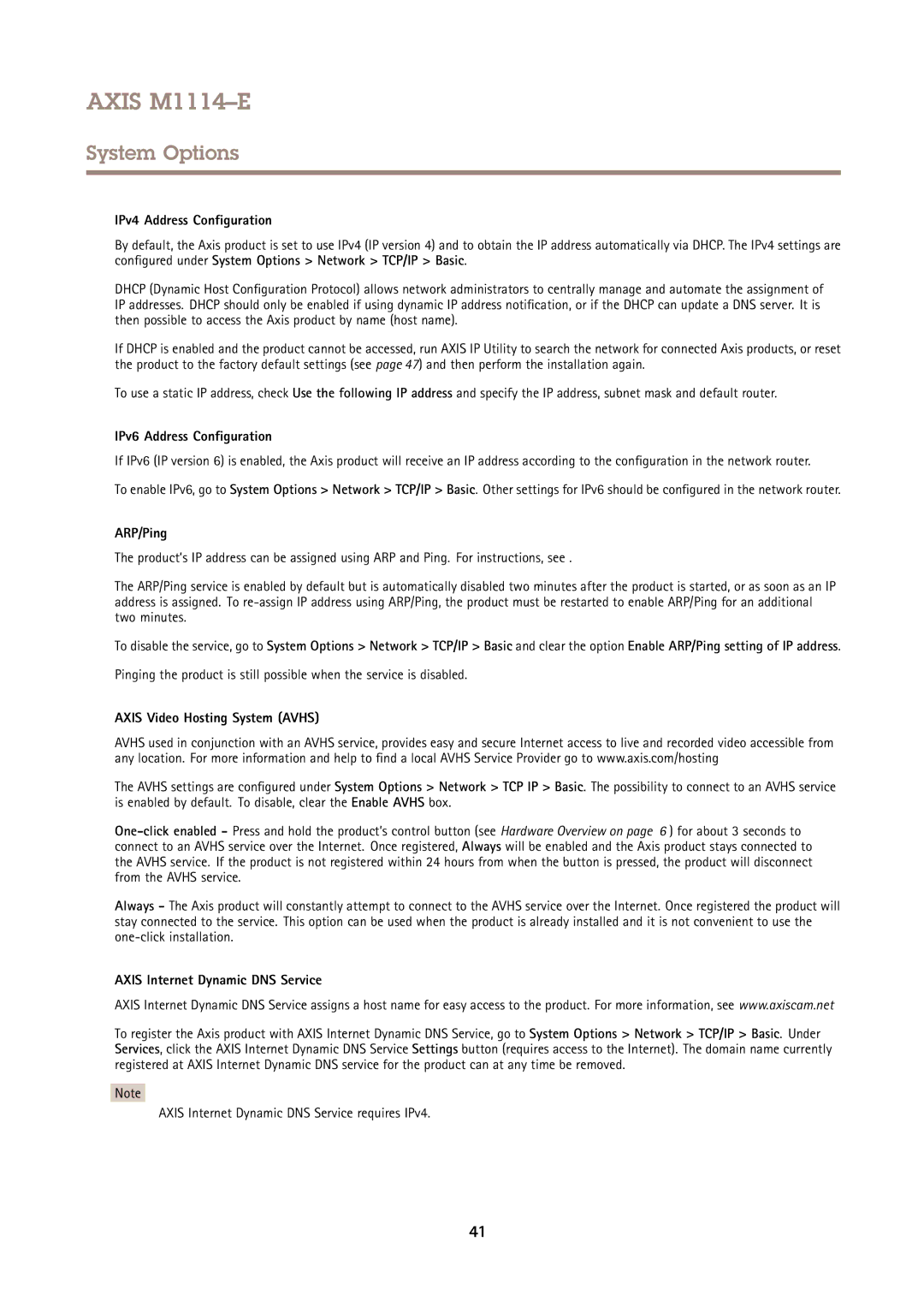 Axis Communications M1114E user manual IPv4 Address Configuration, IPv6 Address Configuration, ARP/Ping 