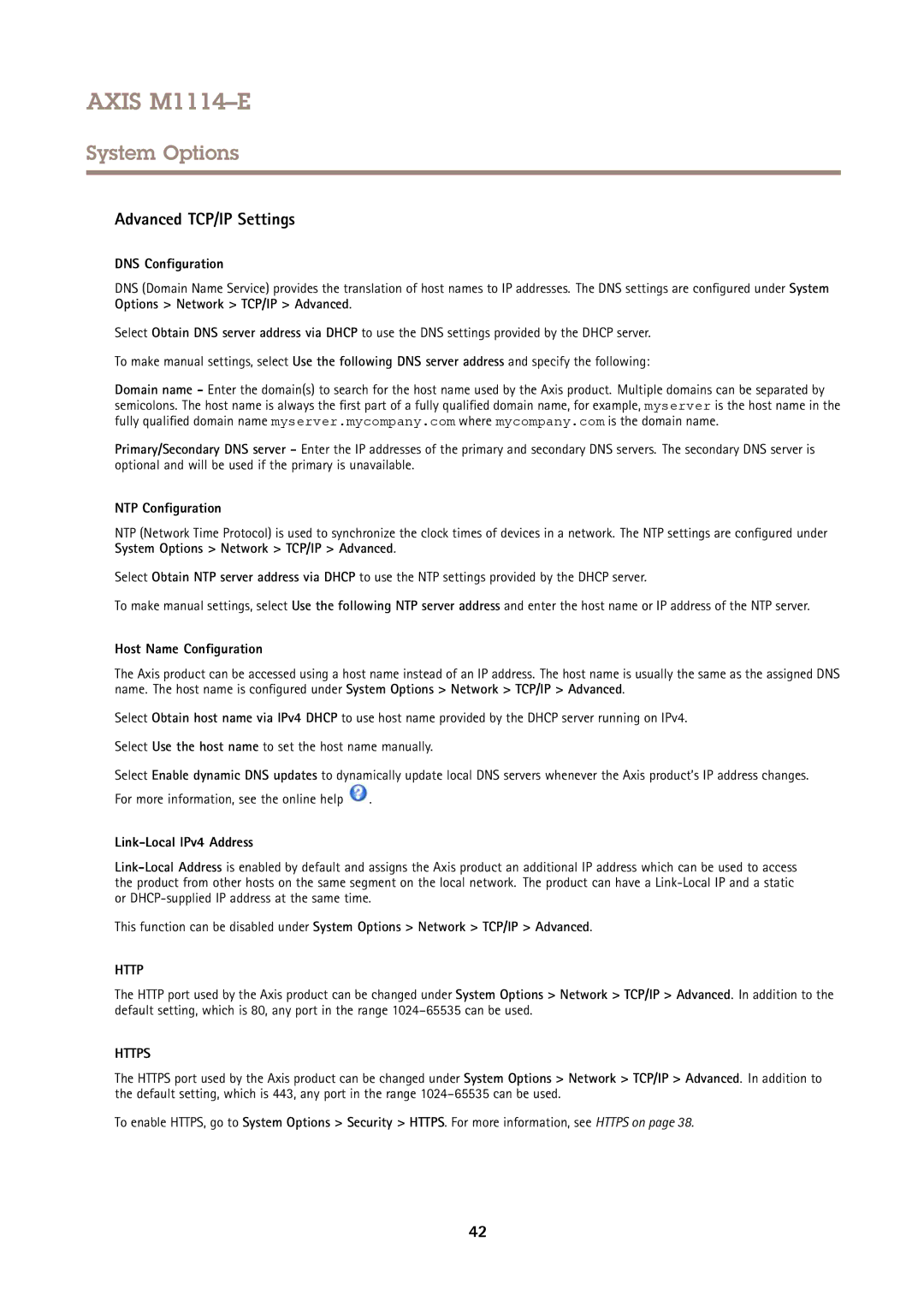 Axis Communications M1114E Advanced TCP/IP Settings, DNS Configuration, NTP Configuration, Host Name Configuration 