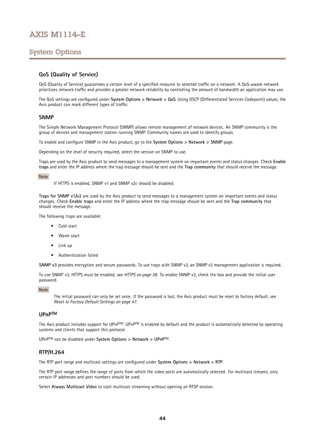 Axis Communications M1114E user manual QoS Quality of Service, UPnPTM, RTP/H.264 