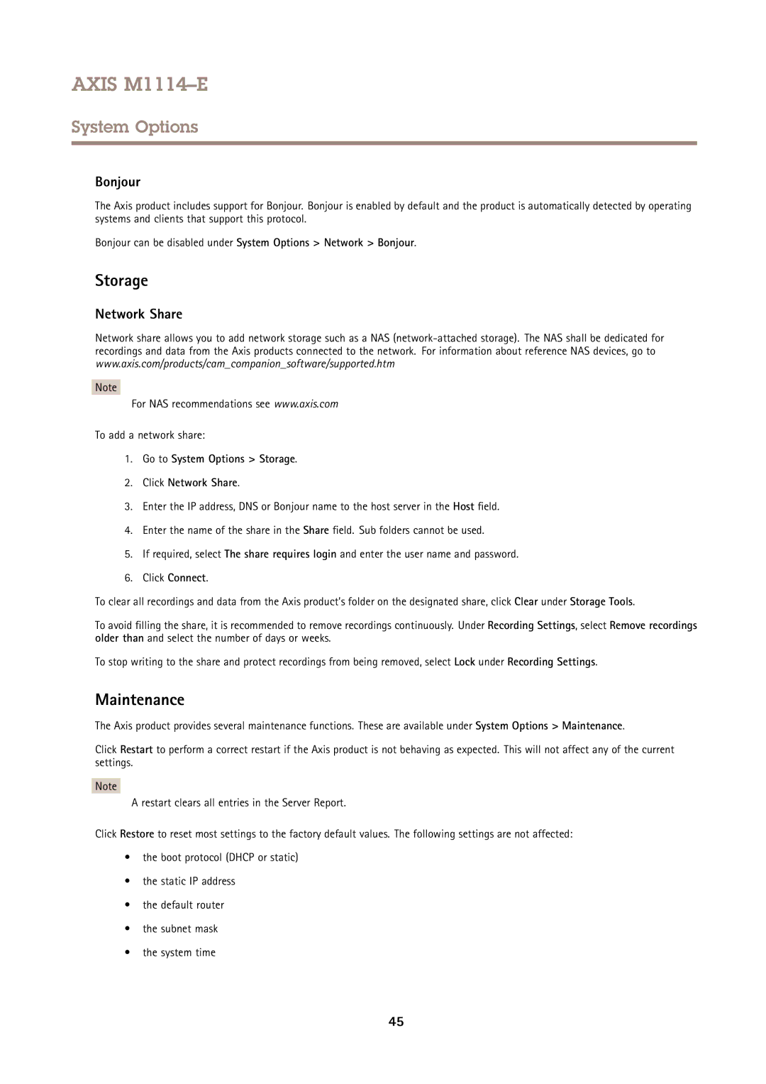 Axis Communications M1114E user manual Maintenance, Bonjour, Go to System Options Storage Click Network Share 