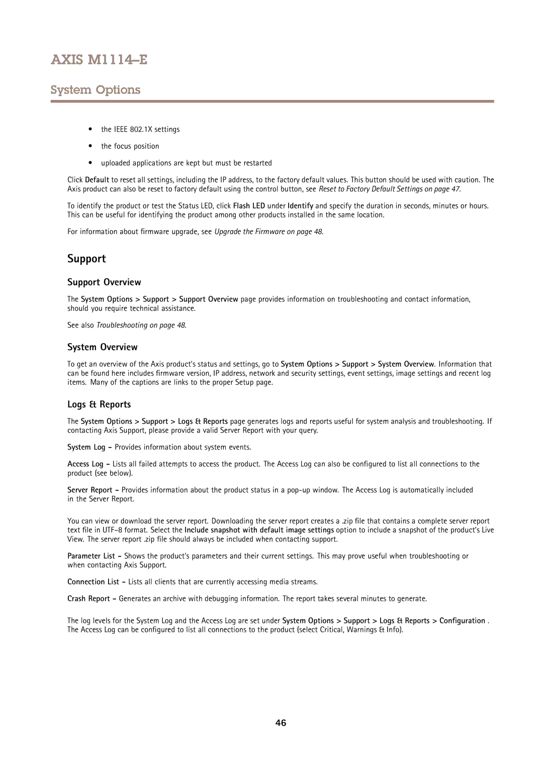 Axis Communications M1114E user manual Support Overview, System Overview, Logs & Reports 