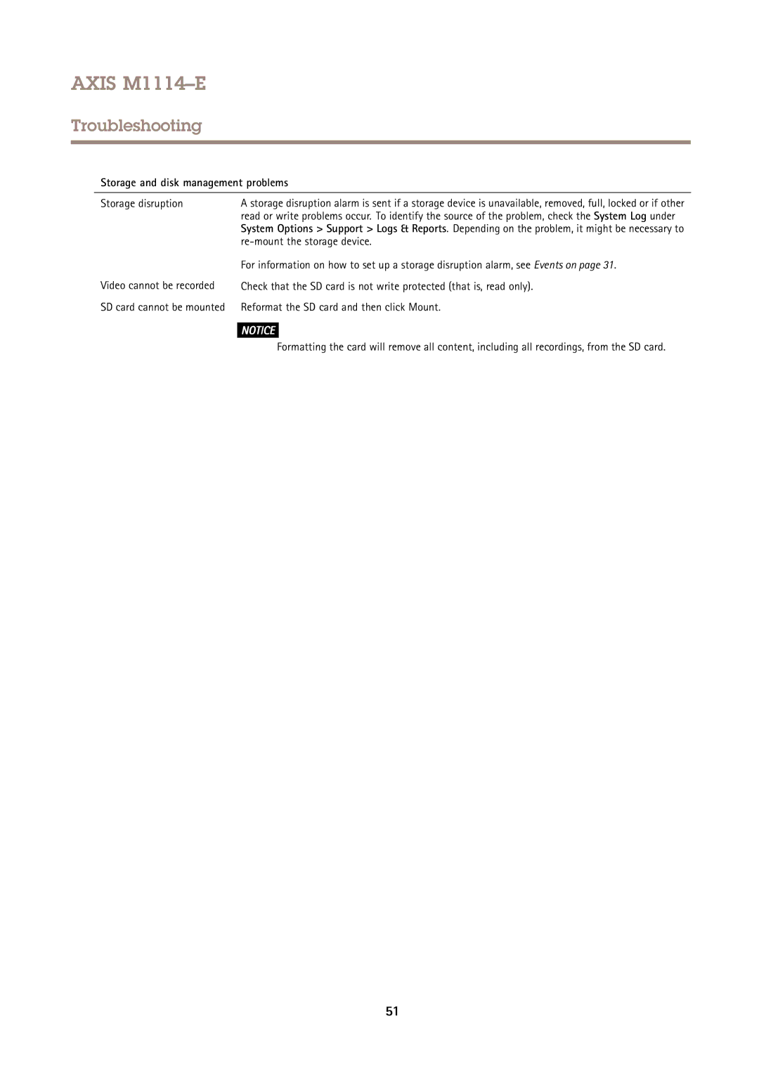 Axis Communications M1114E Storage and disk management problems, Storage disruption, Re-mount the storage device 