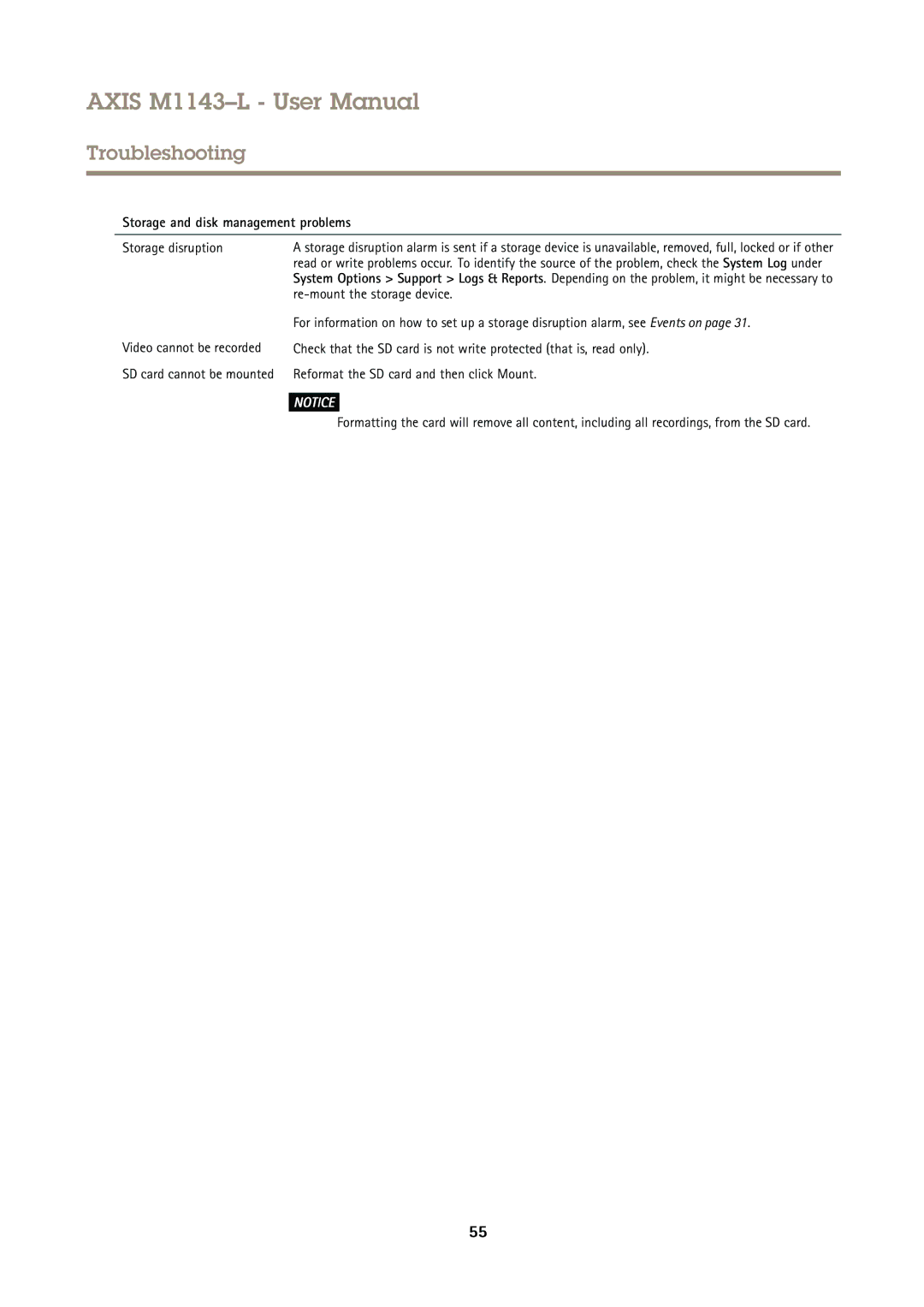 Axis Communications M1143-L Storage and disk management problems, Storage disruption, Re-mount the storage device 