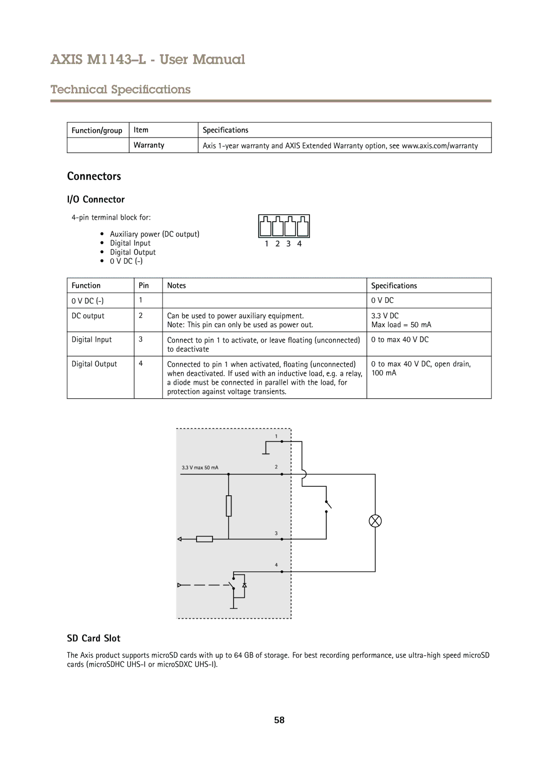 Axis Communications M1143-L user manual Connectors, Function/group Specifications Warranty, Function Pin Specifications 