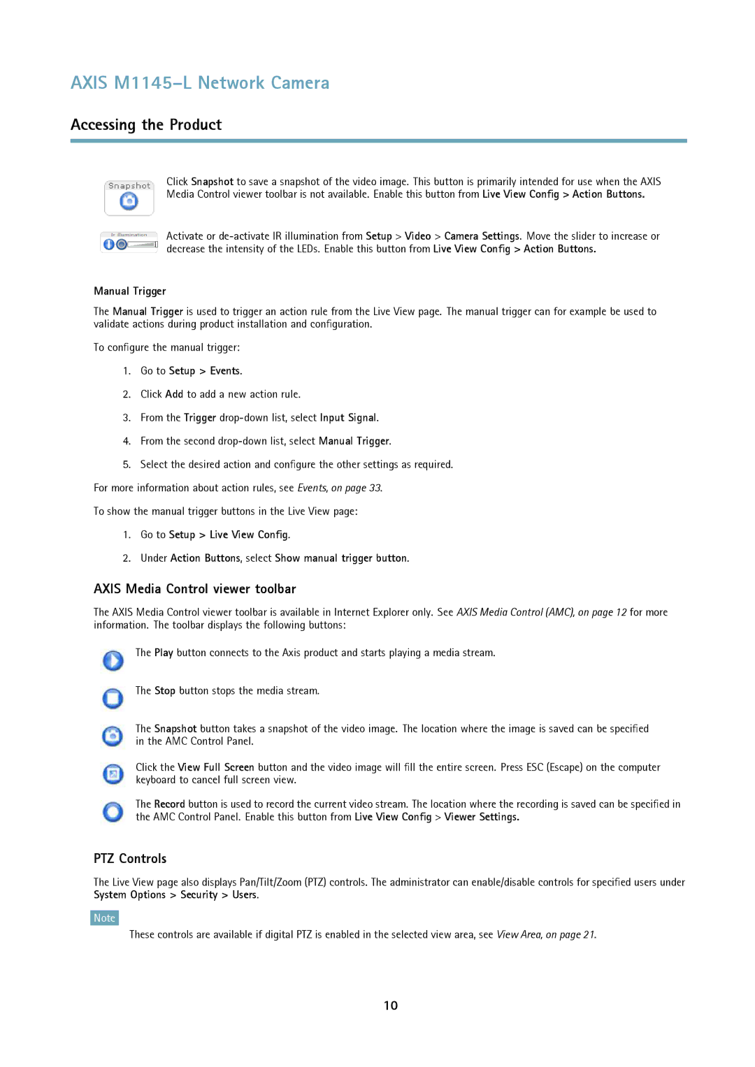 Axis Communications M1145L user manual Axis Media Control viewer toolbar, PTZ Controls, Manual Trigger, Go to Setup Events 