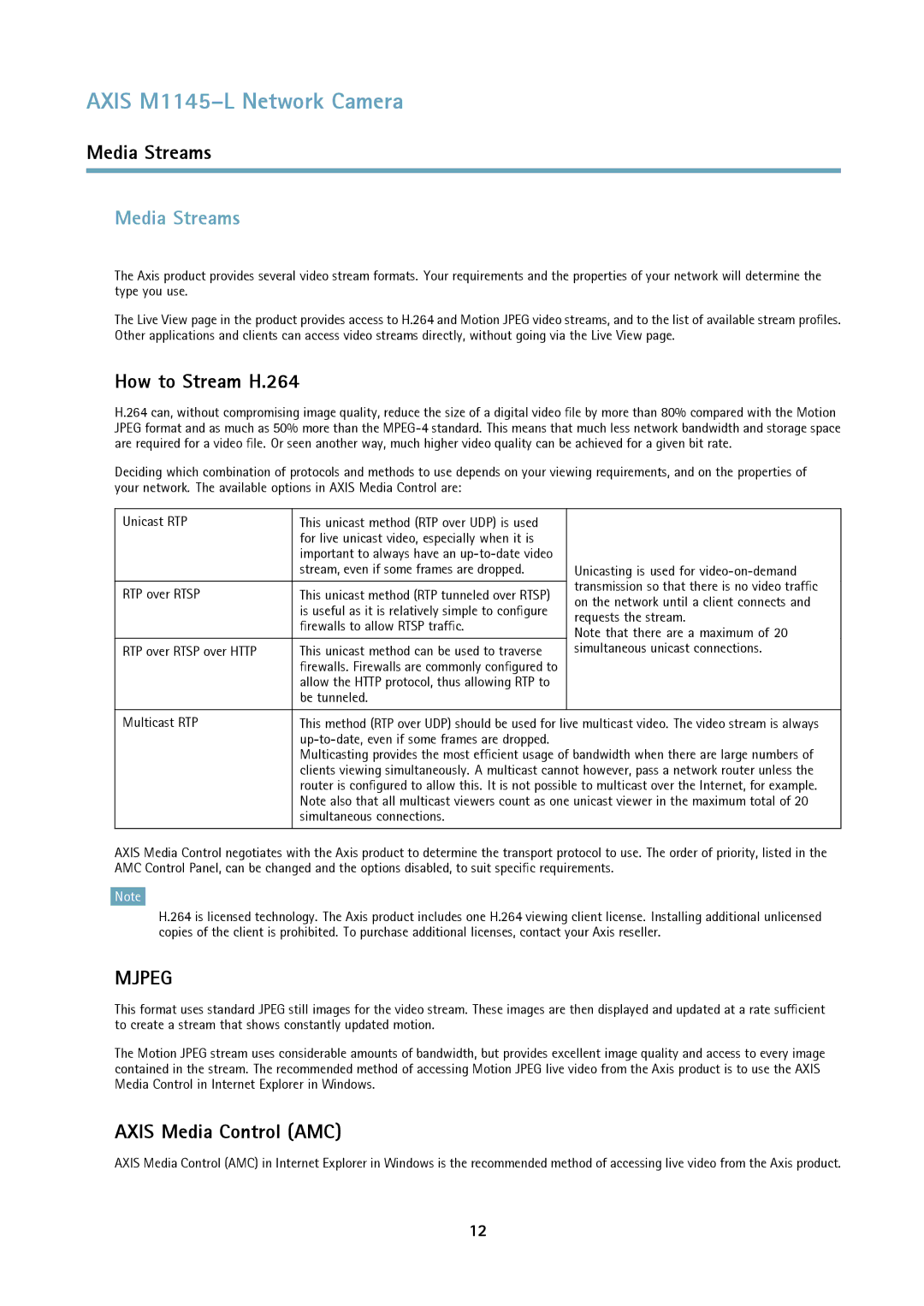 Axis Communications M1145L user manual Media Streams, How to Stream H.264, Axis Media Control AMC 