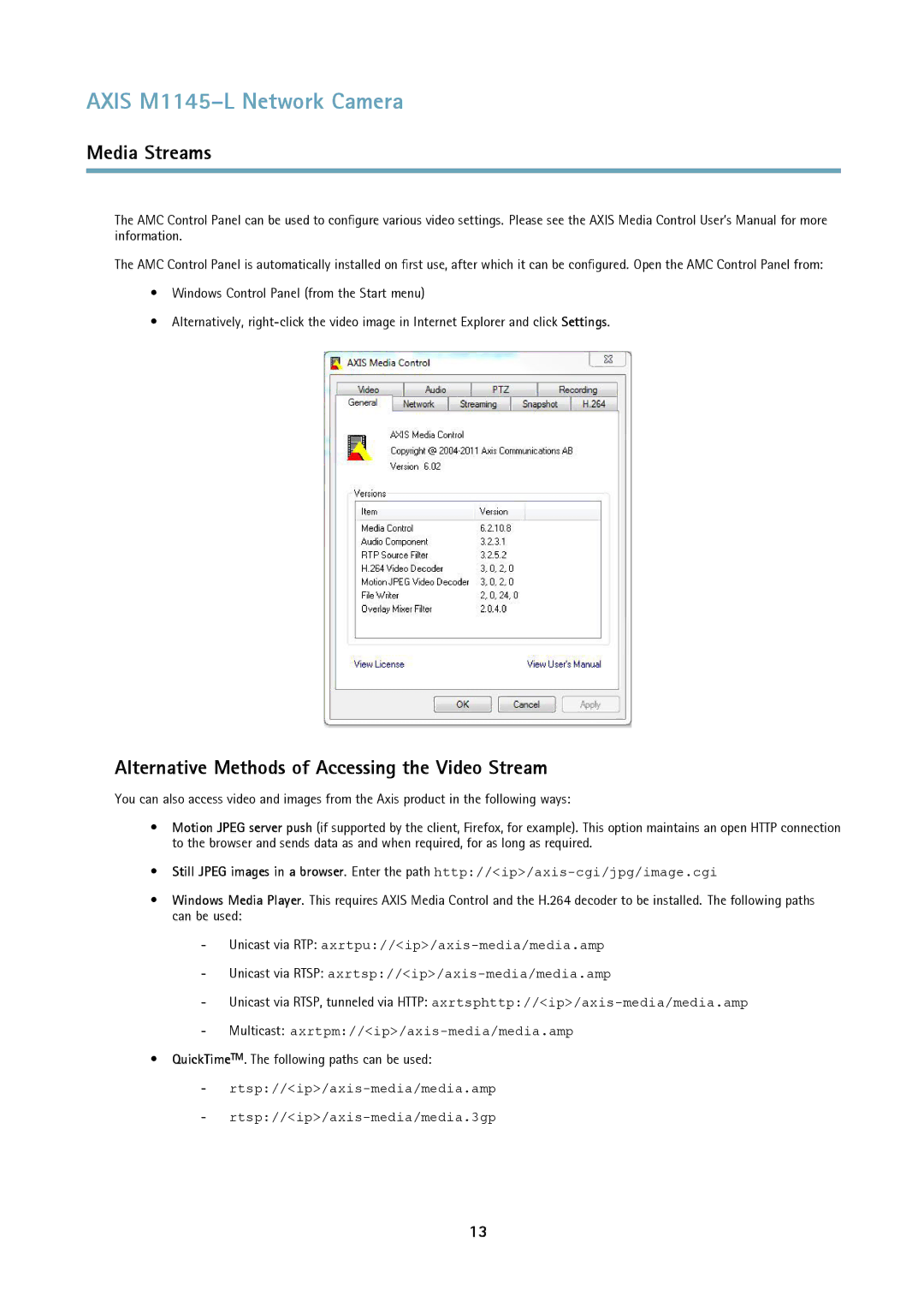 Axis Communications M1145L user manual Alternative Methods of Accessing the Video Stream 