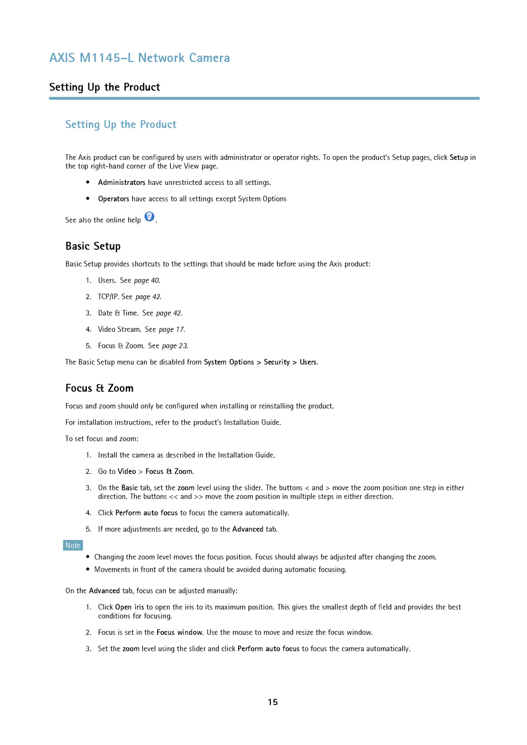 Axis Communications M1145L user manual Setting Up the Product, Basic Setup, Go to Video Focus & Zoom 