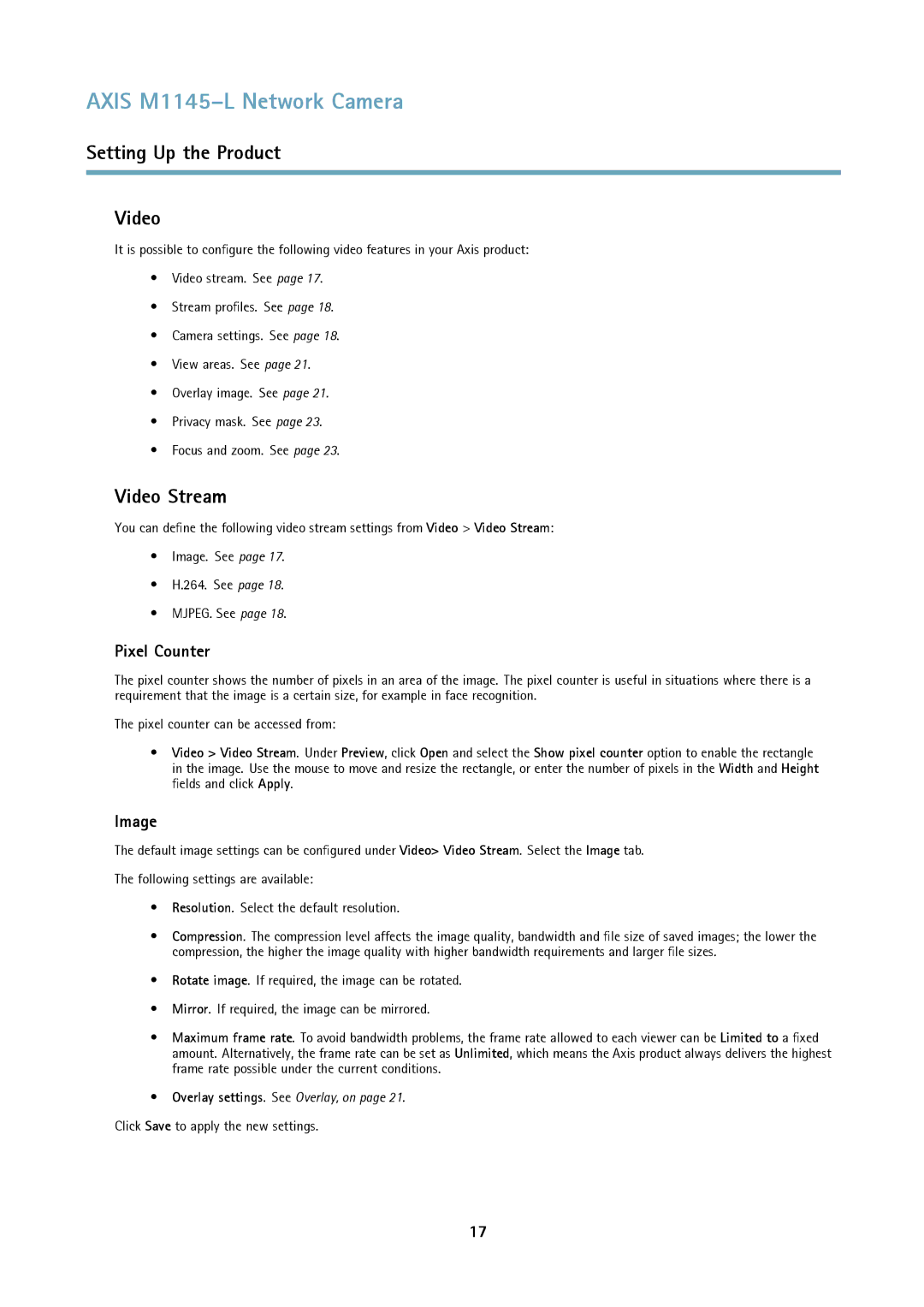 Axis Communications M1145L user manual Setting Up the Product Video, Video Stream, Pixel Counter, Image 