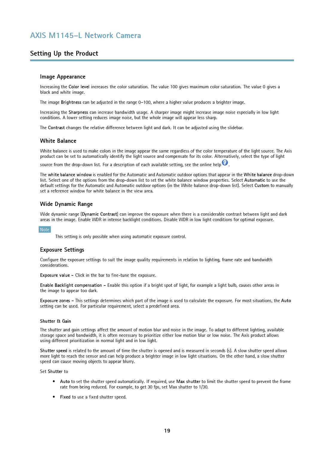 Axis Communications M1145L user manual Image Appearance, White Balance, Wide Dynamic Range, Exposure Settings 